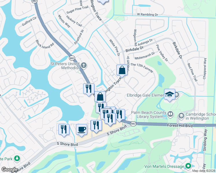 map of restaurants, bars, coffee shops, grocery stores, and more near 1584 Shaker Circle in Wellington