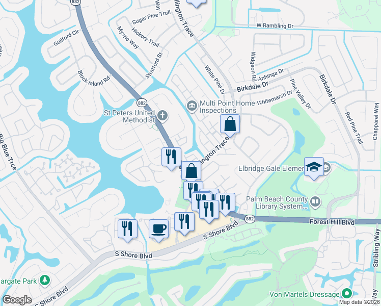 map of restaurants, bars, coffee shops, grocery stores, and more near 12043 Basin Street North in Wellington