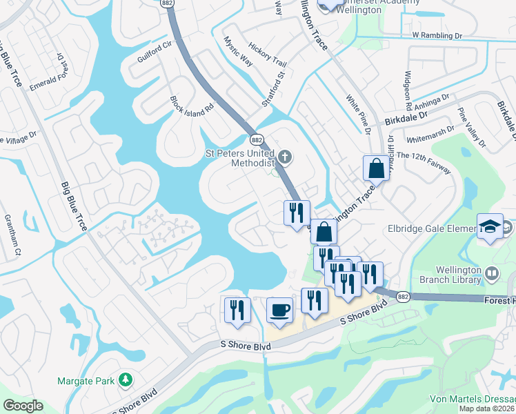 map of restaurants, bars, coffee shops, grocery stores, and more near 12077 Sunset Point Circle in Wellington