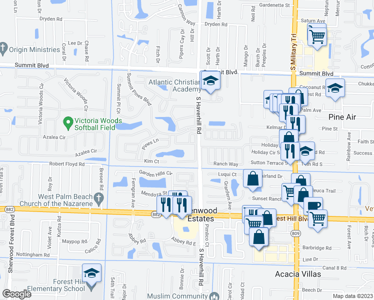 map of restaurants, bars, coffee shops, grocery stores, and more near 1416 Summit Pines Boulevard in West Palm Beach