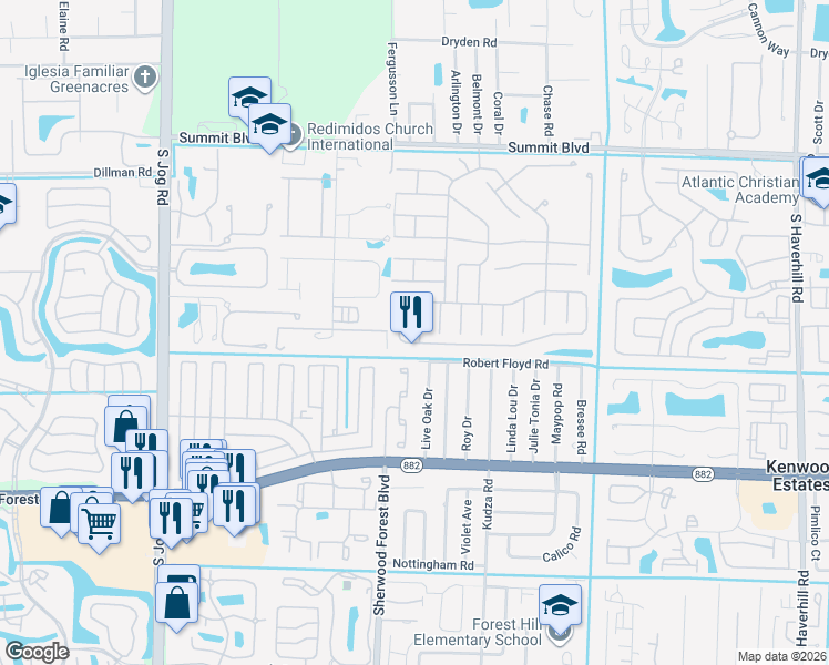 map of restaurants, bars, coffee shops, grocery stores, and more near 6044 Azalea Circle in West Palm Beach