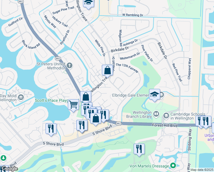 map of restaurants, bars, coffee shops, grocery stores, and more near 11888 Brier Patch Court in Wellington