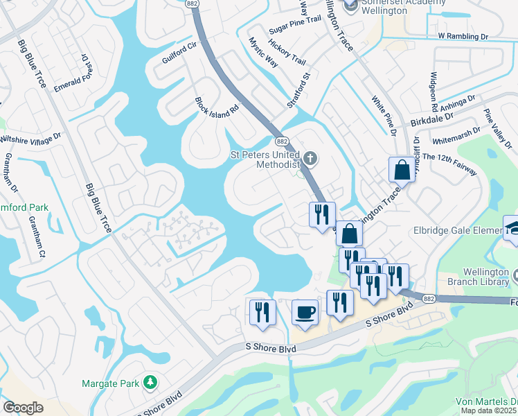 map of restaurants, bars, coffee shops, grocery stores, and more near 12444 Westhampton Circle in Wellington