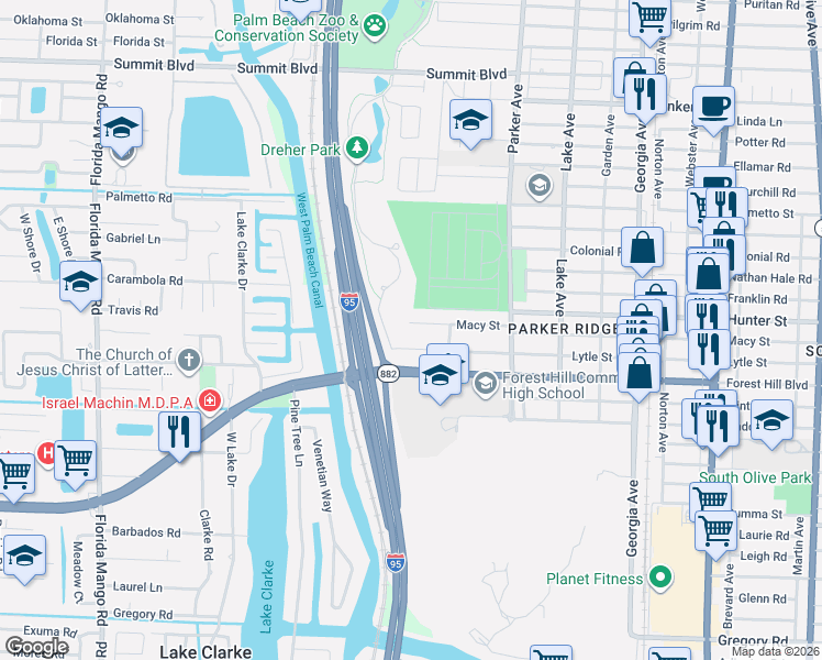 map of restaurants, bars, coffee shops, grocery stores, and more near 1038 Macy Street in West Palm Beach