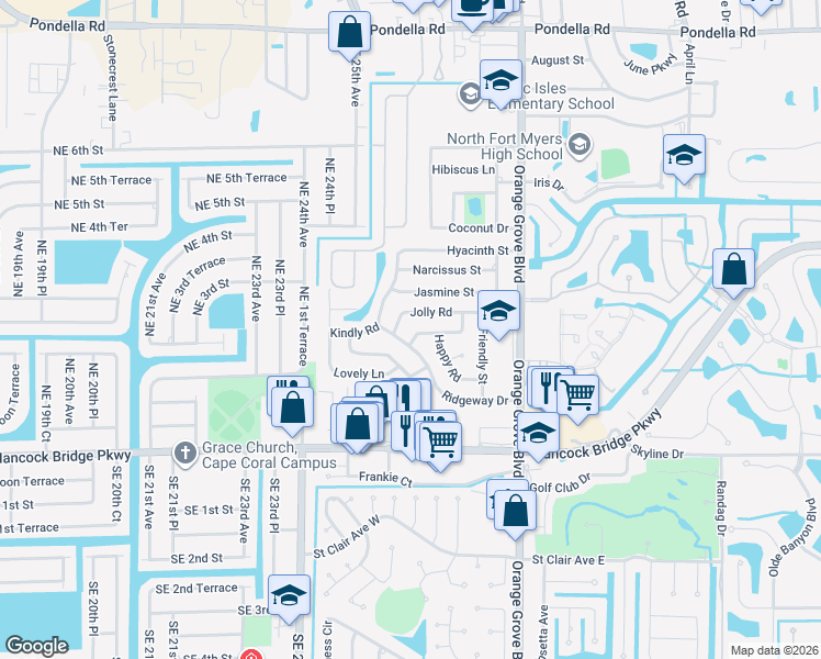 map of restaurants, bars, coffee shops, grocery stores, and more near 977 Hearty Street in North Fort Myers