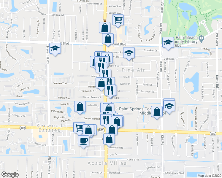 map of restaurants, bars, coffee shops, grocery stores, and more near 1416 South Military Trail in West Palm Beach
