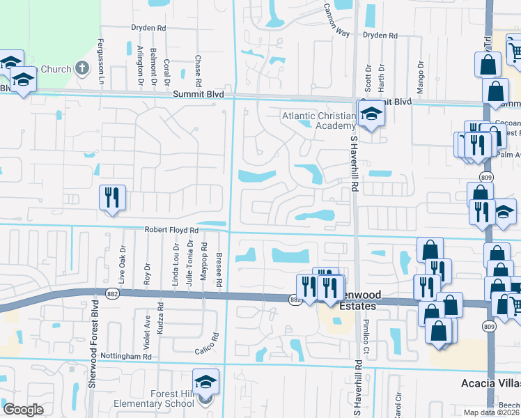 map of restaurants, bars, coffee shops, grocery stores, and more near 5417 Gene Circle in West Palm Beach