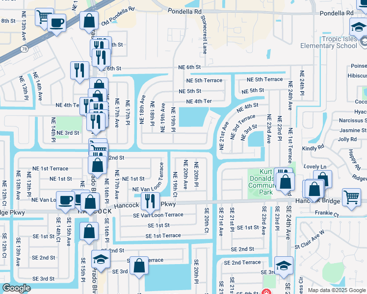map of restaurants, bars, coffee shops, grocery stores, and more near 1931 Northeast 2nd Street in Cape Coral