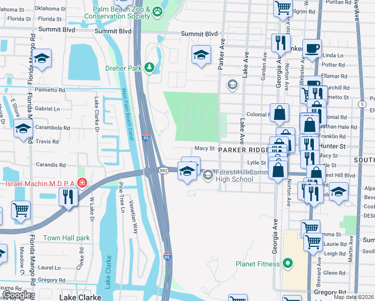 map of restaurants, bars, coffee shops, grocery stores, and more near 1011 Forest Court in West Palm Beach