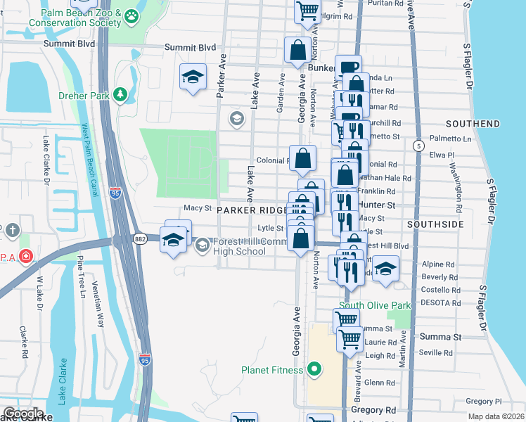 map of restaurants, bars, coffee shops, grocery stores, and more near 710 Macy Street in West Palm Beach