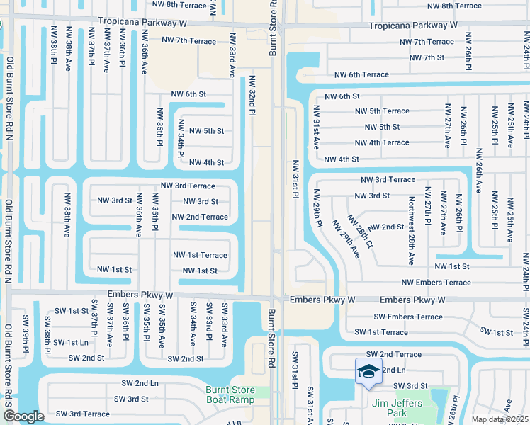 map of restaurants, bars, coffee shops, grocery stores, and more near 215 Northwest 32nd Place in Cape Coral