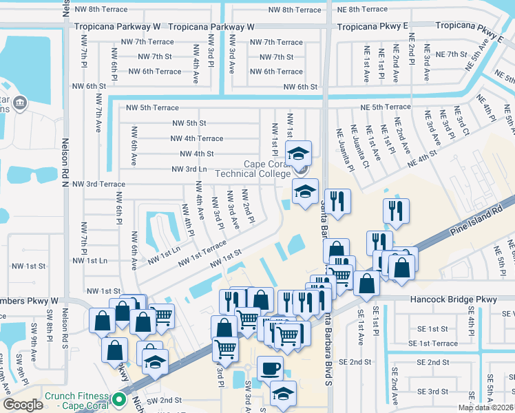map of restaurants, bars, coffee shops, grocery stores, and more near 122 Northwest 2nd Avenue in Cape Coral