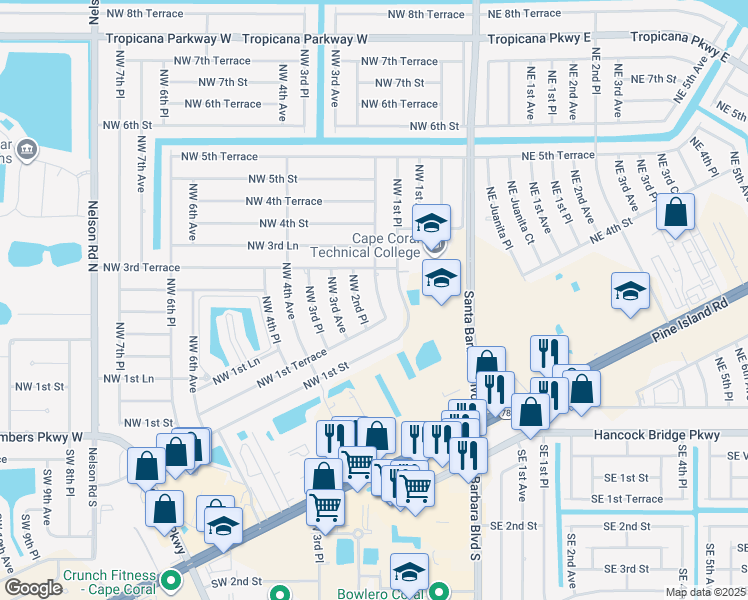 map of restaurants, bars, coffee shops, grocery stores, and more near 122 Northwest 2nd Avenue in Cape Coral