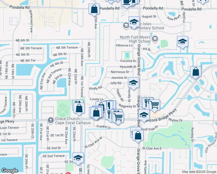 map of restaurants, bars, coffee shops, grocery stores, and more near 995 Jolly Road in North Fort Myers