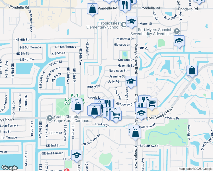 map of restaurants, bars, coffee shops, grocery stores, and more near 995 Jolly Road in North Fort Myers