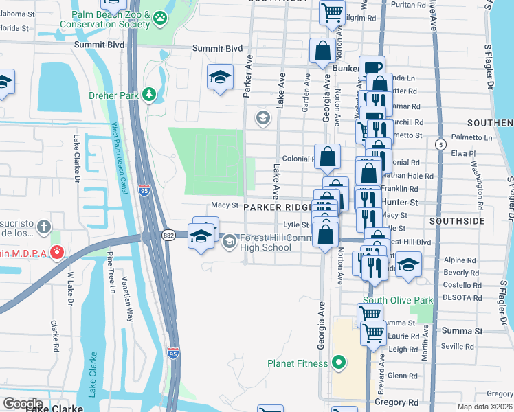 map of restaurants, bars, coffee shops, grocery stores, and more near 808 Macy Street in West Palm Beach