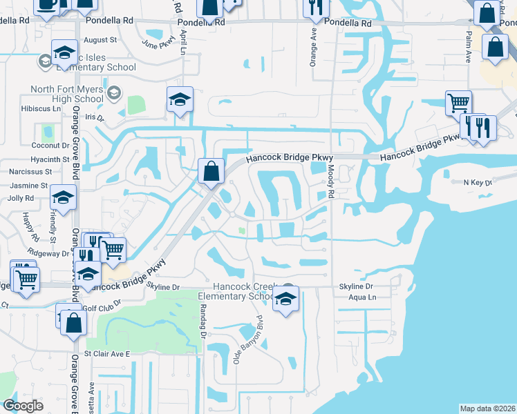 map of restaurants, bars, coffee shops, grocery stores, and more near 13041 Silver Thorn Loop in North Fort Myers