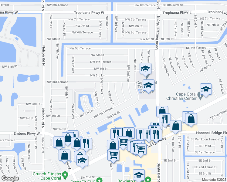 map of restaurants, bars, coffee shops, grocery stores, and more near 218 Northwest 3rd Avenue in Cape Coral