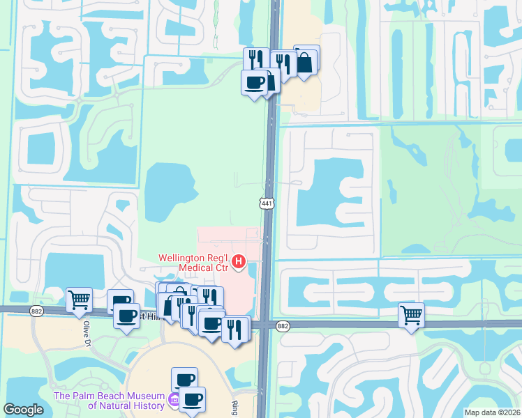 map of restaurants, bars, coffee shops, grocery stores, and more near 1821-1933 South State Road 7 in Wellington