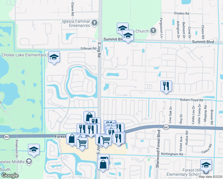 map of restaurants, bars, coffee shops, grocery stores, and more near 6414 13th Road South in Greenacres