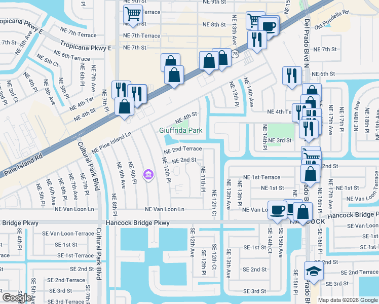map of restaurants, bars, coffee shops, grocery stores, and more near 1101 Northeast 2nd Street in Cape Coral