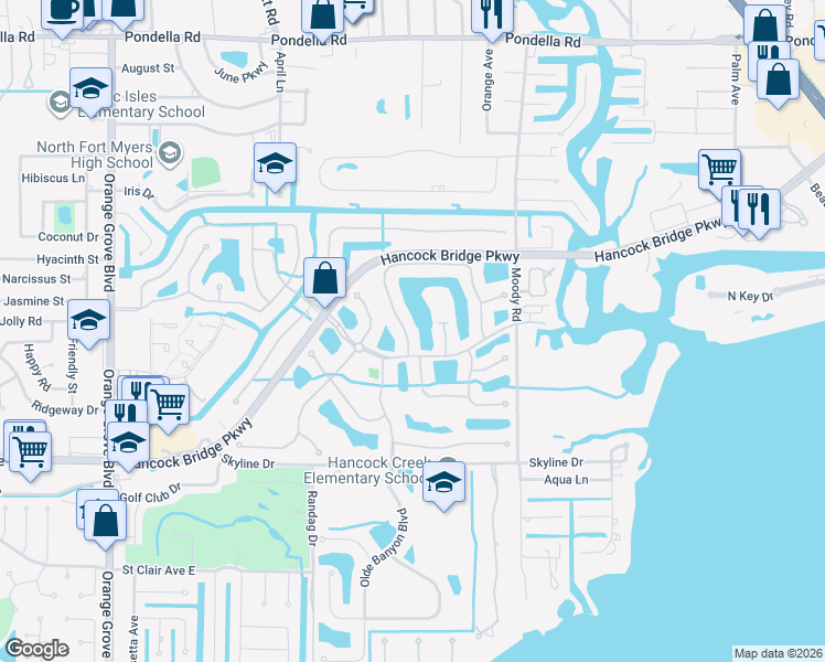 map of restaurants, bars, coffee shops, grocery stores, and more near 13056 Silver Thorn Loop in North Fort Myers