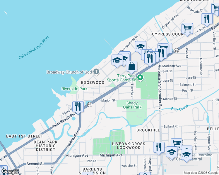 map of restaurants, bars, coffee shops, grocery stores, and more near 3246 Palm Beach Boulevard in Fort Myers