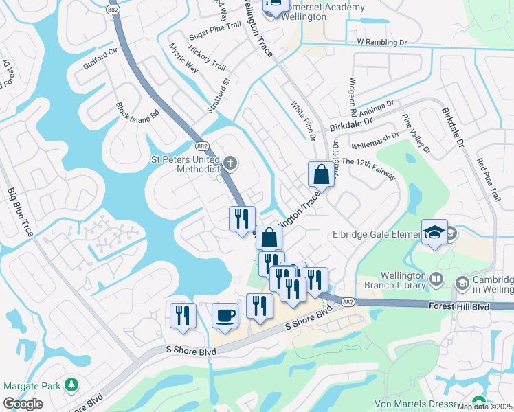 map of restaurants, bars, coffee shops, grocery stores, and more near 12053 Basin Street North in Wellington
