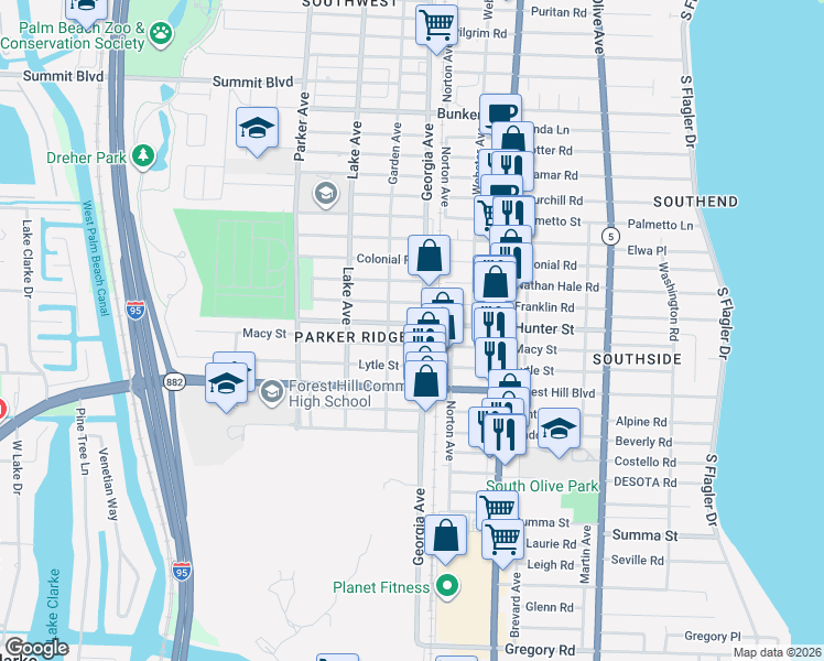 map of restaurants, bars, coffee shops, grocery stores, and more near 618 Hunter Street in West Palm Beach
