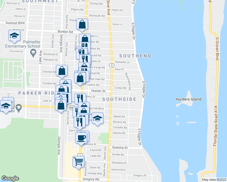 map of restaurants, bars, coffee shops, grocery stores, and more near 301 Macy Street in West Palm Beach