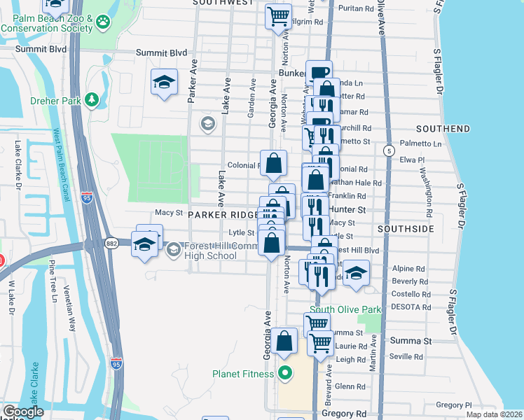 map of restaurants, bars, coffee shops, grocery stores, and more near 618 Macy Street in West Palm Beach