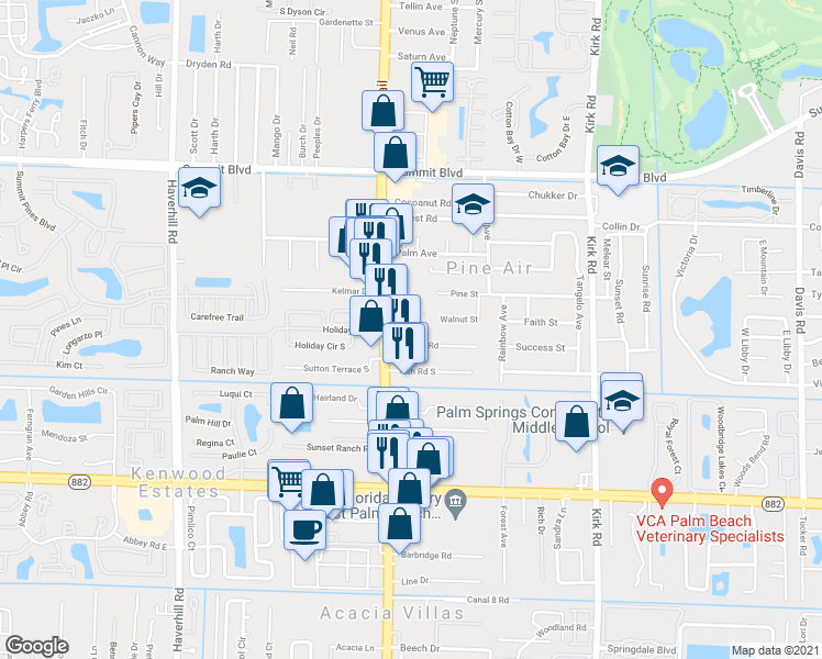 map of restaurants, bars, coffee shops, grocery stores, and more near 1416 South Military Trail in West Palm Beach