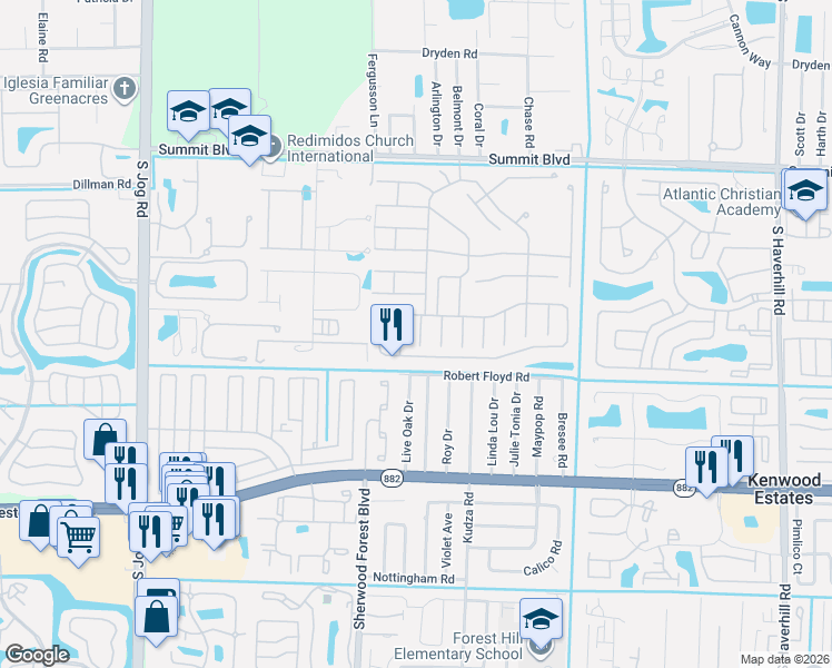 map of restaurants, bars, coffee shops, grocery stores, and more near 5965 Azalea Circle in West Palm Beach