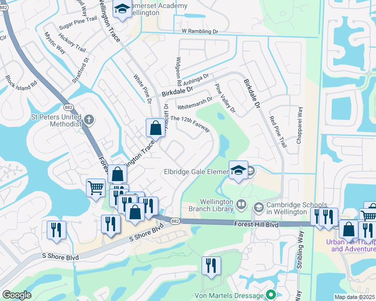 map of restaurants, bars, coffee shops, grocery stores, and more near 1727 Braeburn Place in Wellington