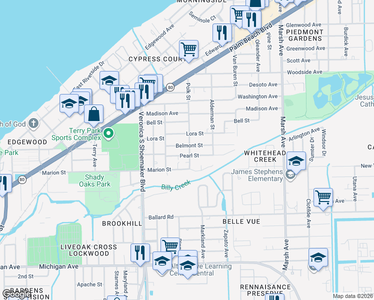 map of restaurants, bars, coffee shops, grocery stores, and more near 3758 Pearl Street in Fort Myers