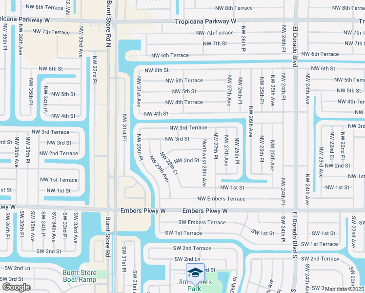 map of restaurants, bars, coffee shops, grocery stores, and more near 2829 Northwest 2nd Terrace in Cape Coral