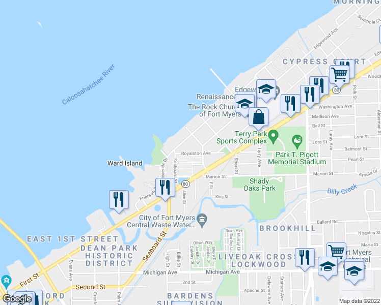 map of restaurants, bars, coffee shops, grocery stores, and more near 3145 Royalston Avenue in Fort Myers