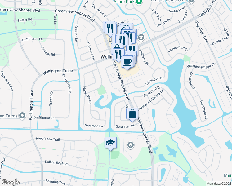 map of restaurants, bars, coffee shops, grocery stores, and more near 1622 Hawthorne Place in Wellington