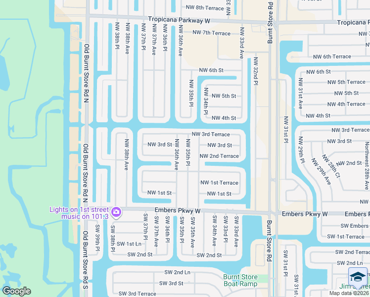 map of restaurants, bars, coffee shops, grocery stores, and more near 305 Northwest 35th Place in Cape Coral