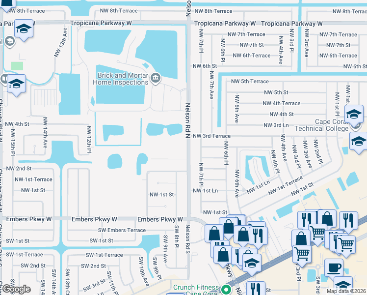 map of restaurants, bars, coffee shops, grocery stores, and more near 821 Larch Road in Cape Coral