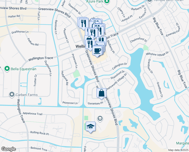 map of restaurants, bars, coffee shops, grocery stores, and more near 1668 Hawthorne Place in Wellington