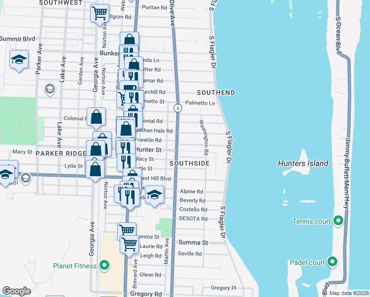 map of restaurants, bars, coffee shops, grocery stores, and more near 233 Cortez Road in West Palm Beach