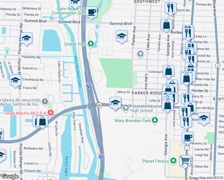 map of restaurants, bars, coffee shops, grocery stores, and more near 1019 Macy Street in West Palm Beach