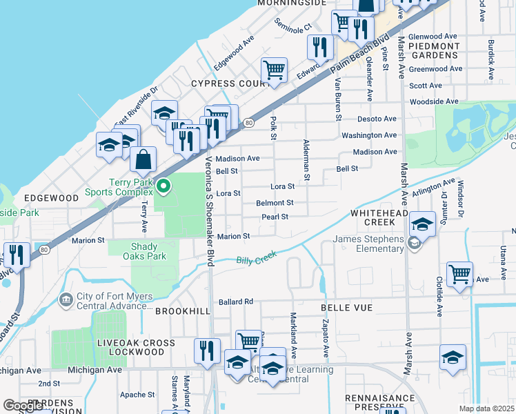 map of restaurants, bars, coffee shops, grocery stores, and more near 3754 Lora Street in Fort Myers