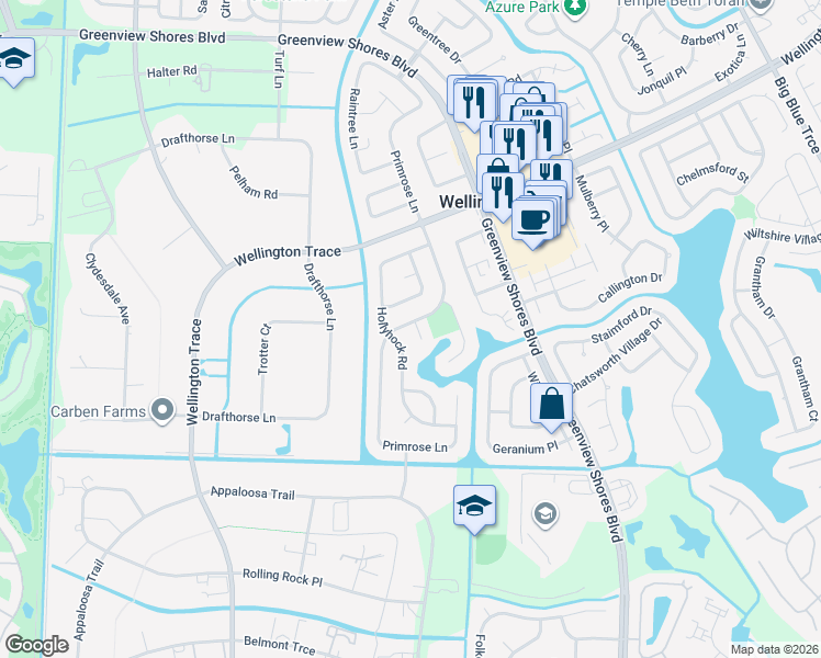 map of restaurants, bars, coffee shops, grocery stores, and more near 1681 Treehaven Court in Wellington