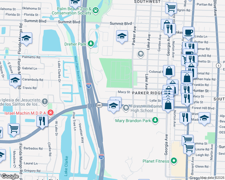 map of restaurants, bars, coffee shops, grocery stores, and more near 1019 Macy Street in West Palm Beach