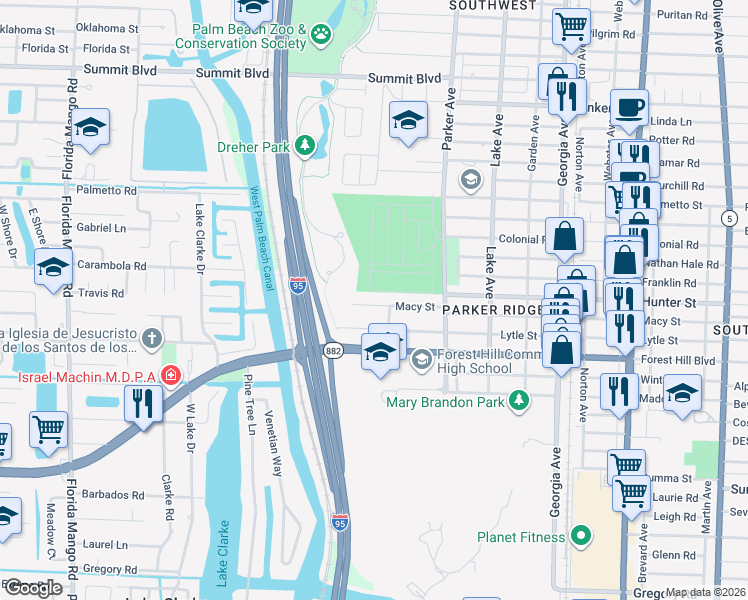 map of restaurants, bars, coffee shops, grocery stores, and more near 1019 Macy Street in West Palm Beach