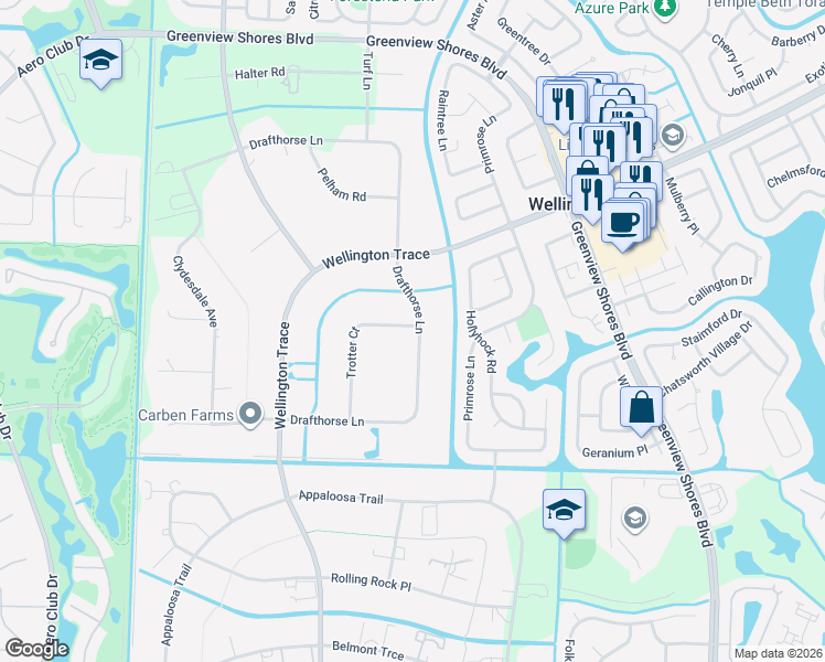 map of restaurants, bars, coffee shops, grocery stores, and more near 14643 Drafthorse Lane in Wellington