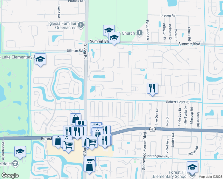 map of restaurants, bars, coffee shops, grocery stores, and more near 1111 Pinewood Lake Court in Greenacres