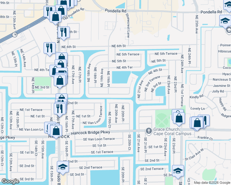 map of restaurants, bars, coffee shops, grocery stores, and more near 1927 Northeast 3rd Street in Cape Coral